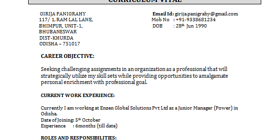 Resume format currently working with